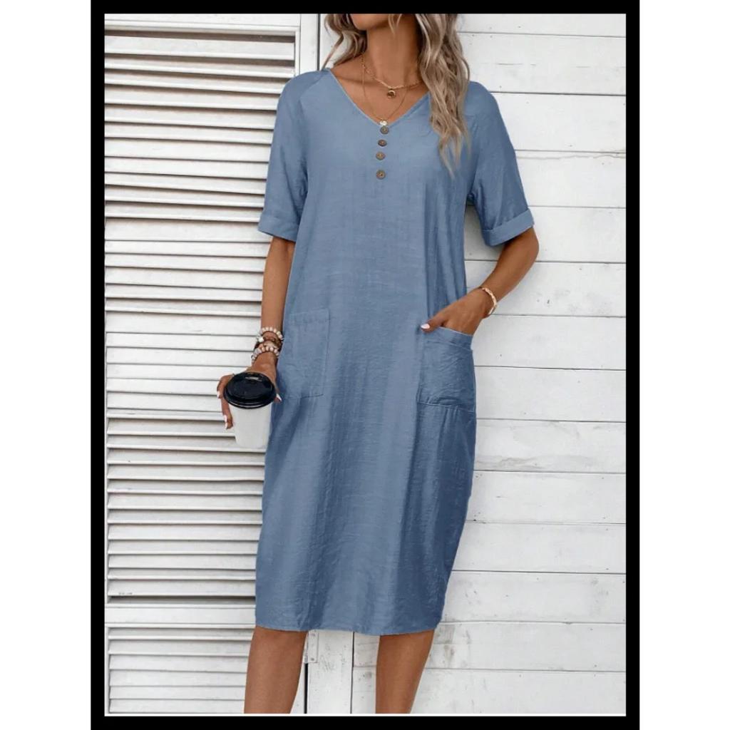 LYRIA Women's Cotton Linen Short Sleeved Dresses Loose And Comfortable Vacation Dress For Women