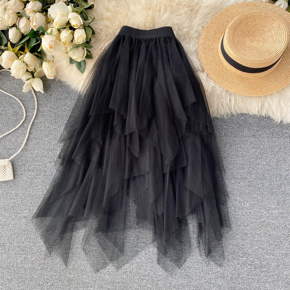 Irregular High Waist A-Line Mesh Skirt Spring And Summer Korean Cake Skirt Fluffy Skirt Fashion
