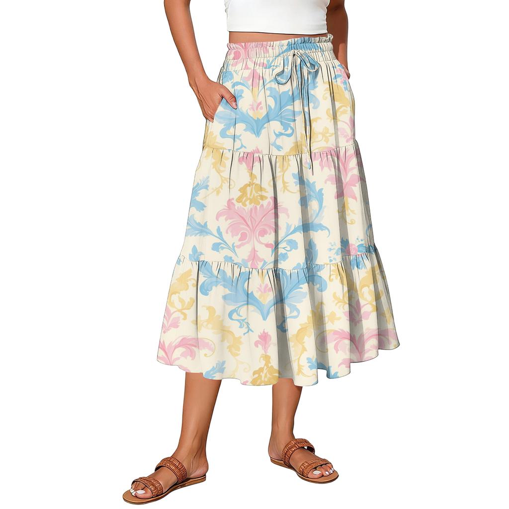 Womens Maxi Skirt Drawstring High Waisted Summer Long Skirts Lightweight Tiered Flowy Floral Pleated Skirts
