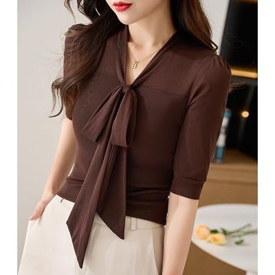 Chique en Elegante Mesh V-hals Blouse met Korte Mouwen voor Dames met Grote Maat Die de Buik Bedekt en een Slankmakend Effect Benadrukt