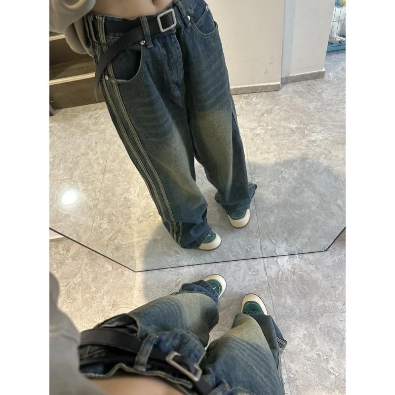 Retro American High Street Ins Side Striped Jeans for Women 2024 Spring New High-waisted Loose Slim Wide-leg Pants