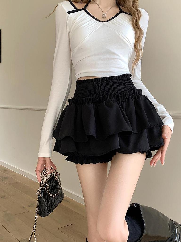 Women's Black High-Waist Pleated Ballet-Style A-Line Skirt with Anti-Exposure Shorts