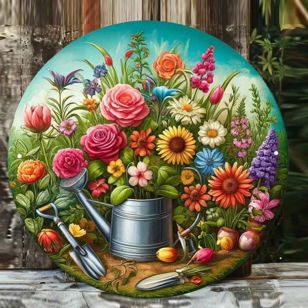Vintage Floral Metal Sign Round Wall Art for Home Garden Indoor Outdoor Decor
