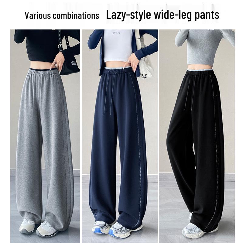 Women's Autumn 2025 Dark Blue High-Waisted Floor-Length Wide-Leg Trousers: Slimming Drape Style, Casual Fit (Model 23276)