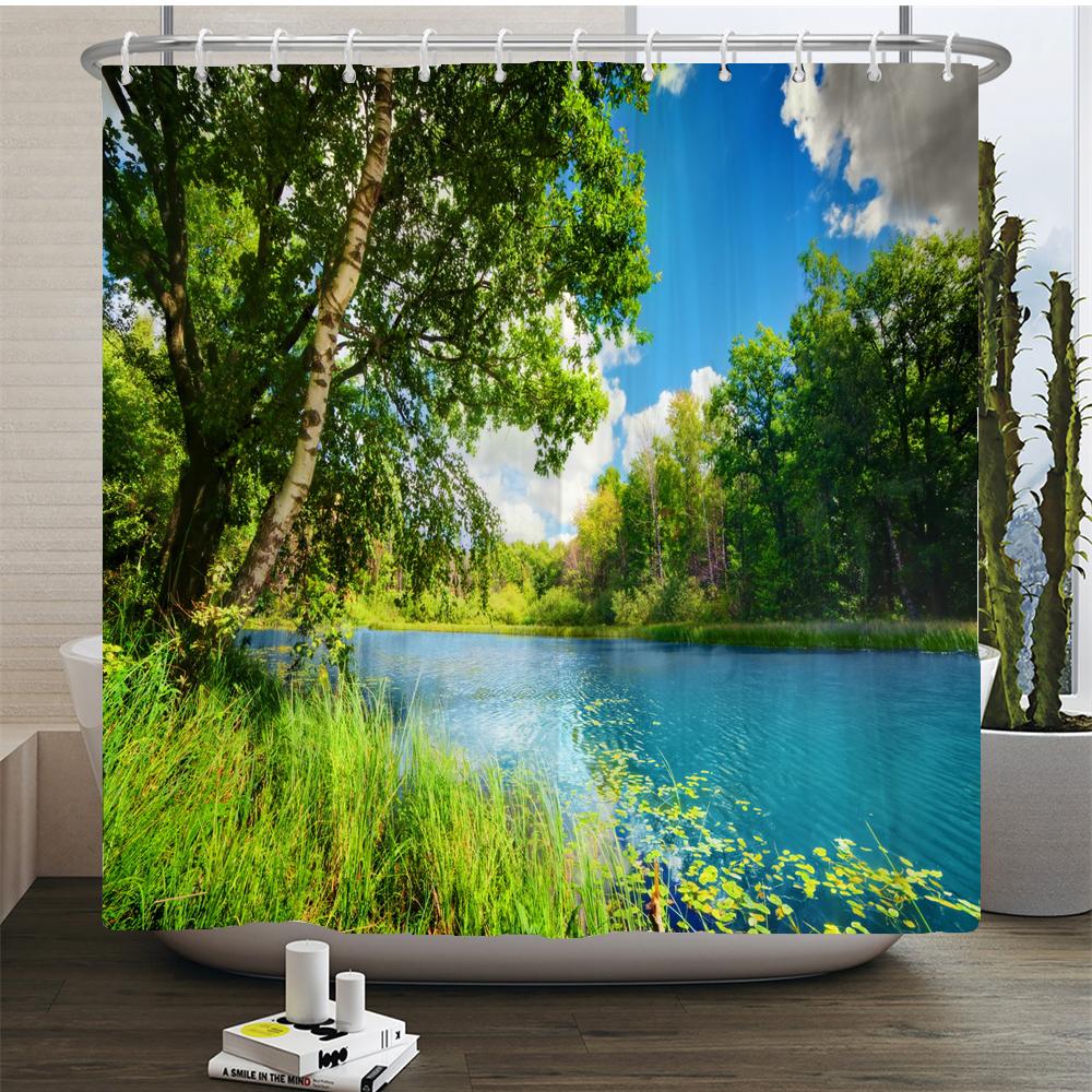 Natuur Bos Douchegordijn Waterdicht Badkamer Scherm Bomen Landschap Gordijnen Polyester Stof Huisdecoratie Badkamer Gordijnen