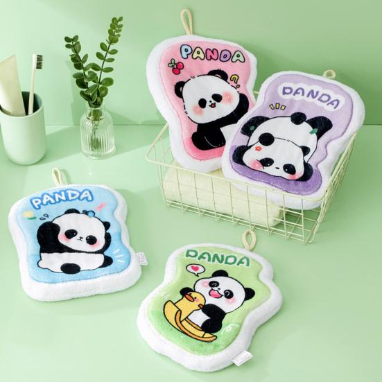 Cartoon Panda Hand Towel Hanging Thickened Washcloth Absorbent Towel with Hanging Ring for Kitchen Bathroom Home Travel
