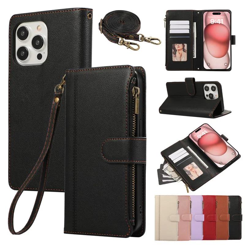 Long Lanyard Zipper Wallet Card Phone Case For iPhone 17 Pro Max Air 16E 16 Plus 15 14 13 12 11 XS XR X Flip Leather Cover Coque
