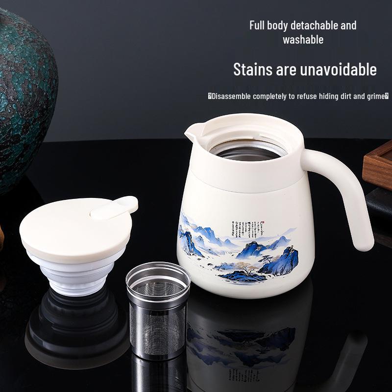 New Chinese Style 316 Stainless Steel Teapot: Landscape Design, Large Capacity Thermos Flask with Tea-Water Separation, Ideal for Home or Office.