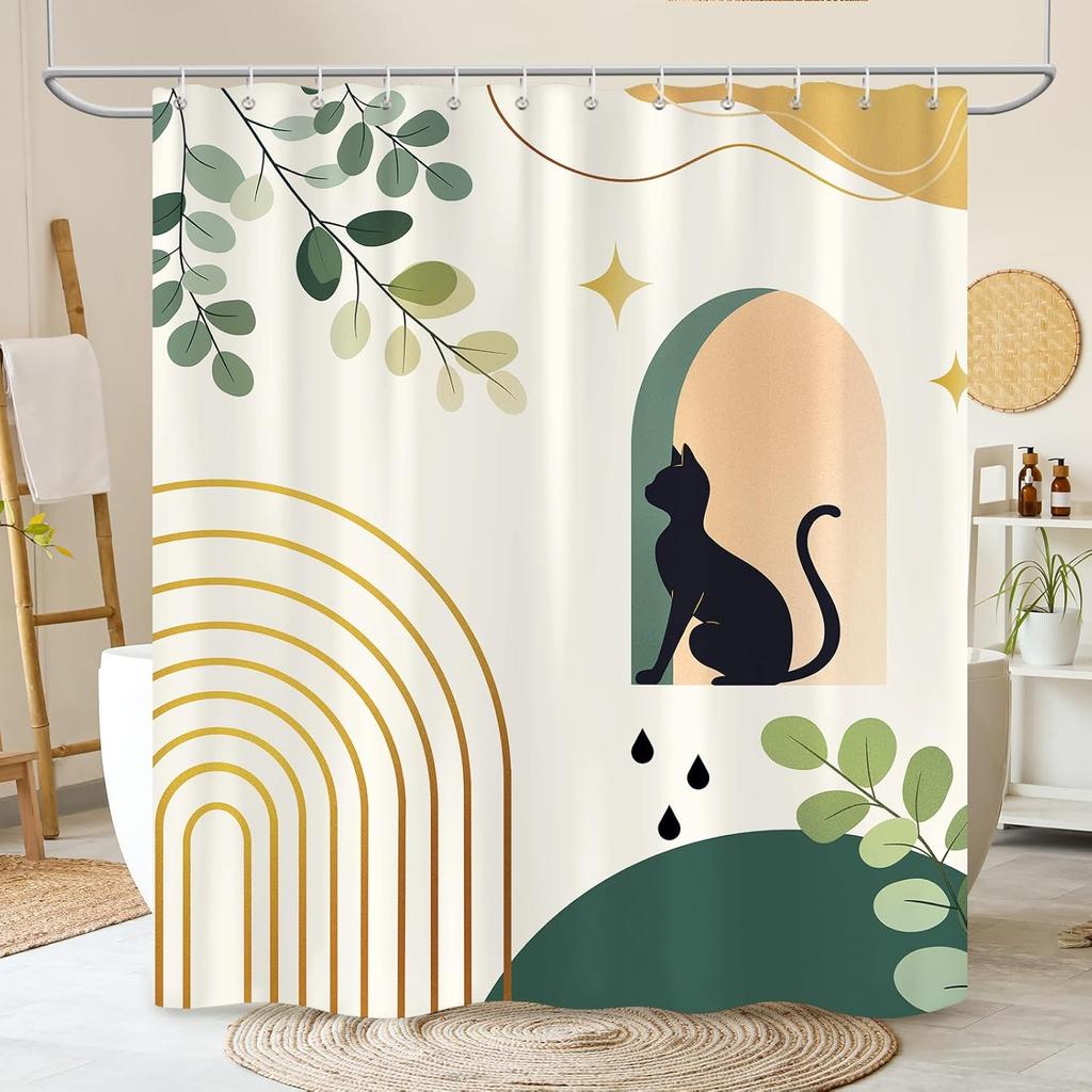 Black Cat Shower Curtain Abstract Green Leaf Waterproof Shower Curtain 180 X 180Cm With 12 Hooks Home Decor