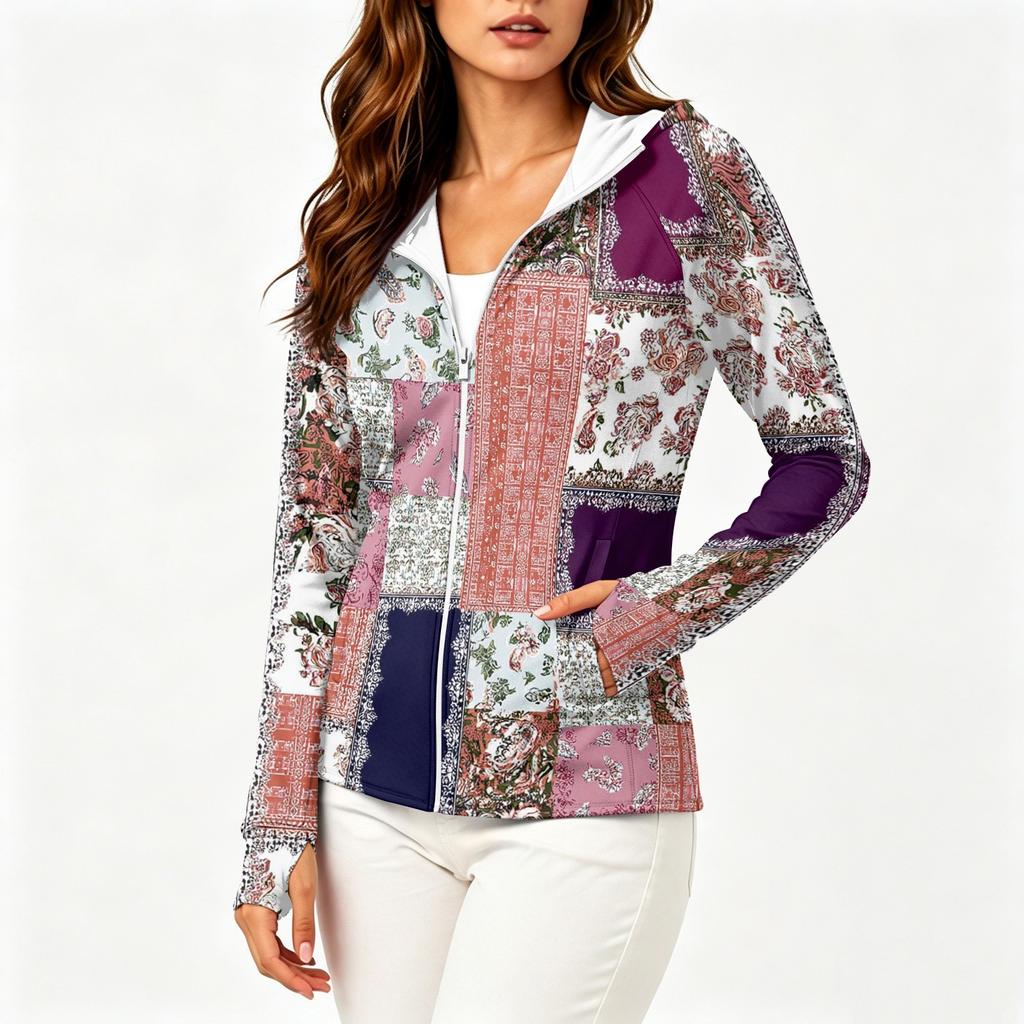 Women's Fashion Zip Up Hooded Long Sleeve Jacket With Tie- Print & Pockets
