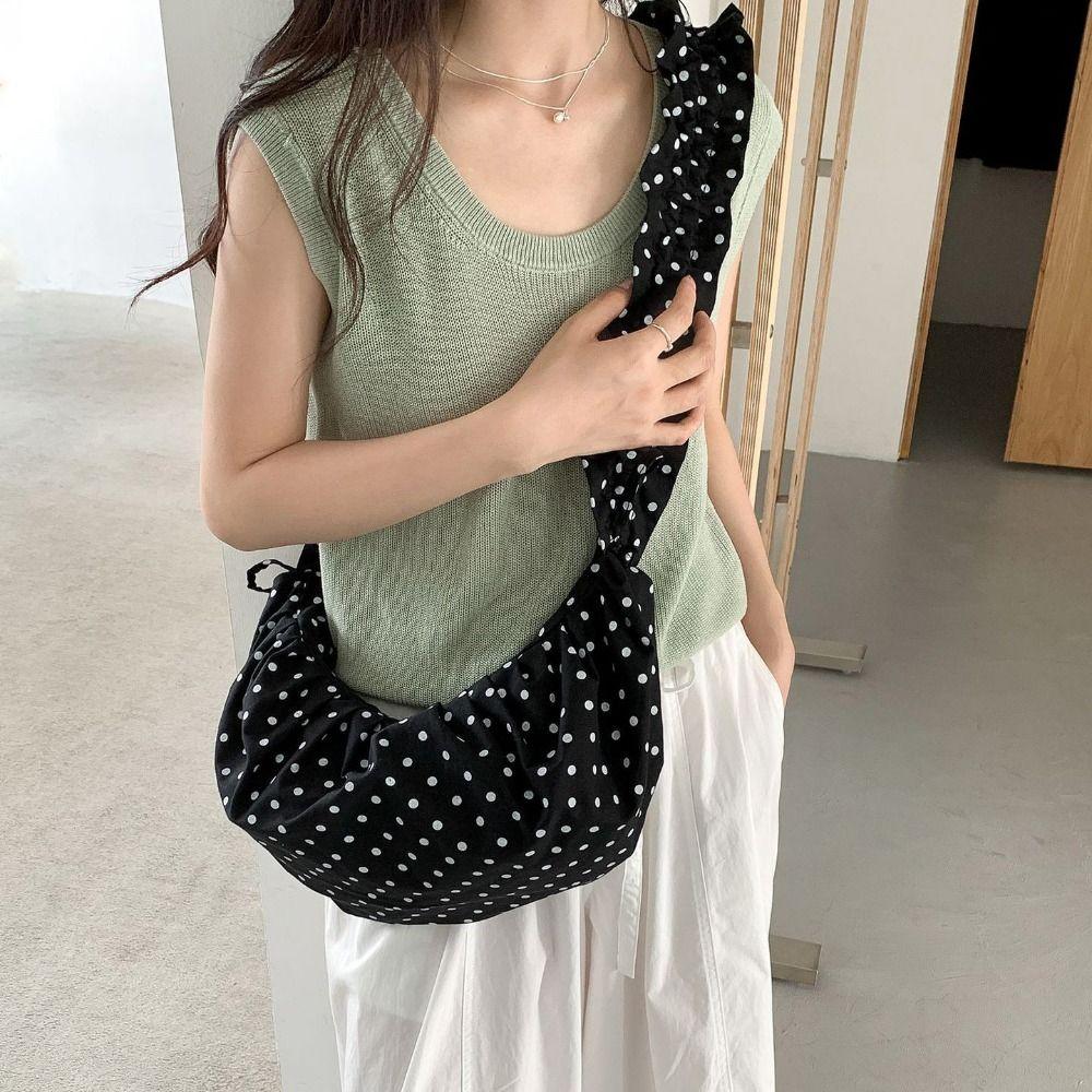 Korean Style Drawstring Shoulder Bag Lightweight Ballet Style Polka Dot Pleated Bag Dumpling Bag Large Capacity