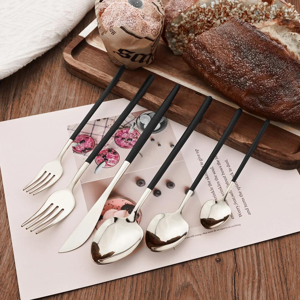 6Pcs Dinnerware Set Stainless Steel Tableware Mirror Dinner Silver Cutlery Set Knife Dessert Fork Spoon Flatware Kitchen Set