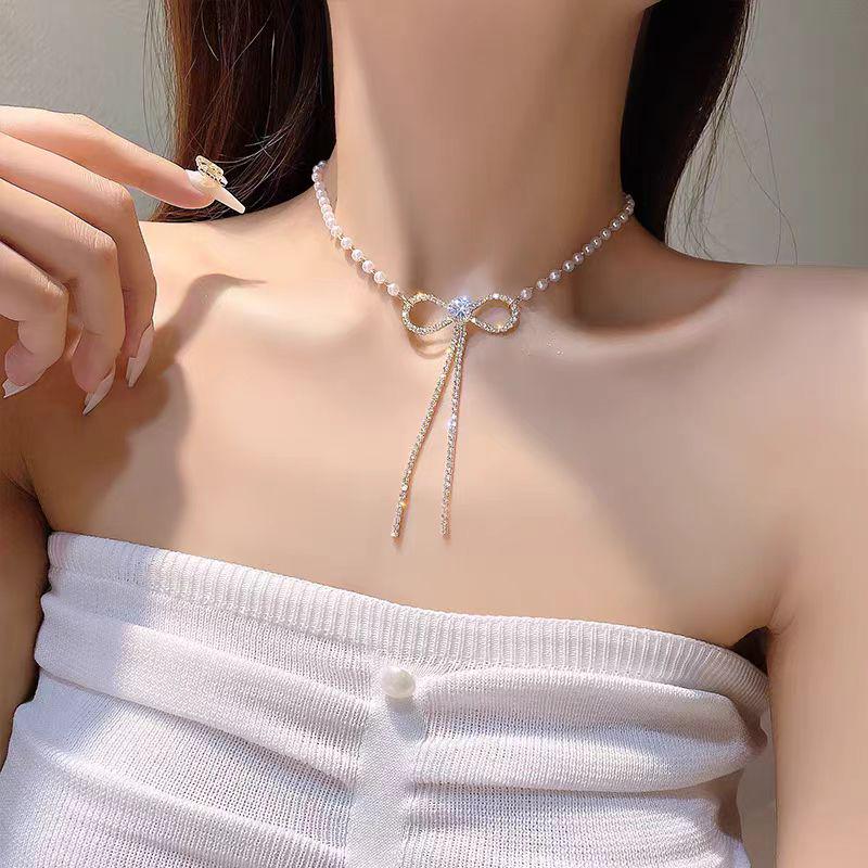2024 Bow Knot Pearl & Rhinestone Double Layer Tassel Choker Necklace for Women