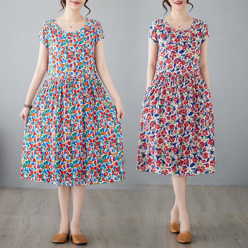 2025 Summer Floral Cotton-Silk A-Line Dress: Women's Short Sleeve, Loose Waist, Slimming Tie Mid-Length