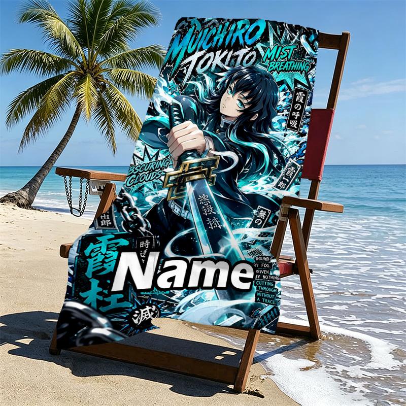 Personalisierbares Strandtuch mit Demon Slayer Aufdruck und individuellem Namen, für Reise, Camping, Strandparty, Heimdekoration, Geburtstagsgeschenk für Familie & Freunde