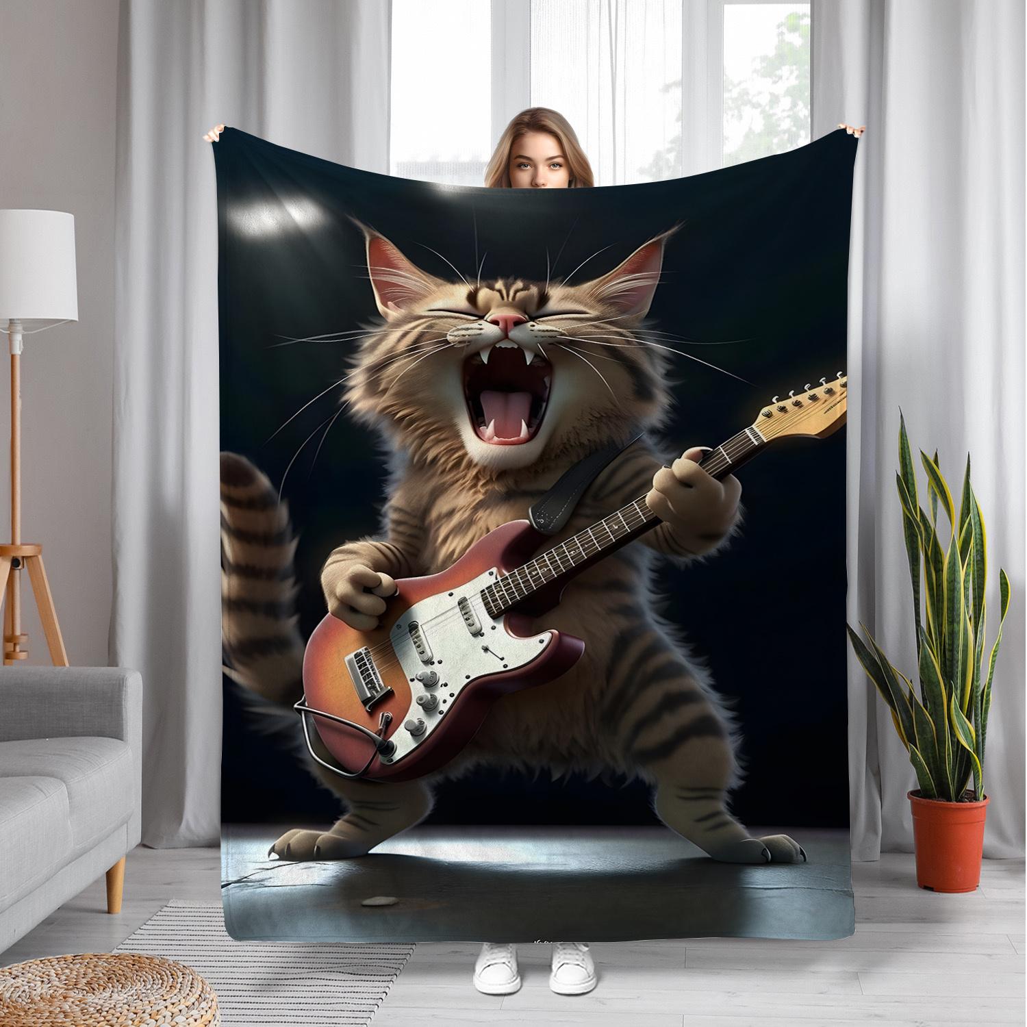 

Rock Cat Guitarist Pattern Flannel printed blanket suitable for all seasons suitable for living room office sofa and travel 75x100cm