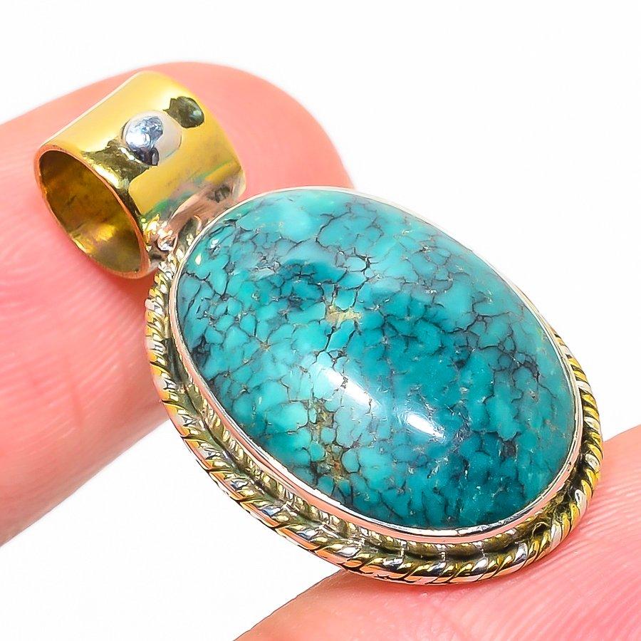 Natural Tibetan Turquoise Two Tone 925 Solid Sterling Silver Pendant 1.25'' e5M75