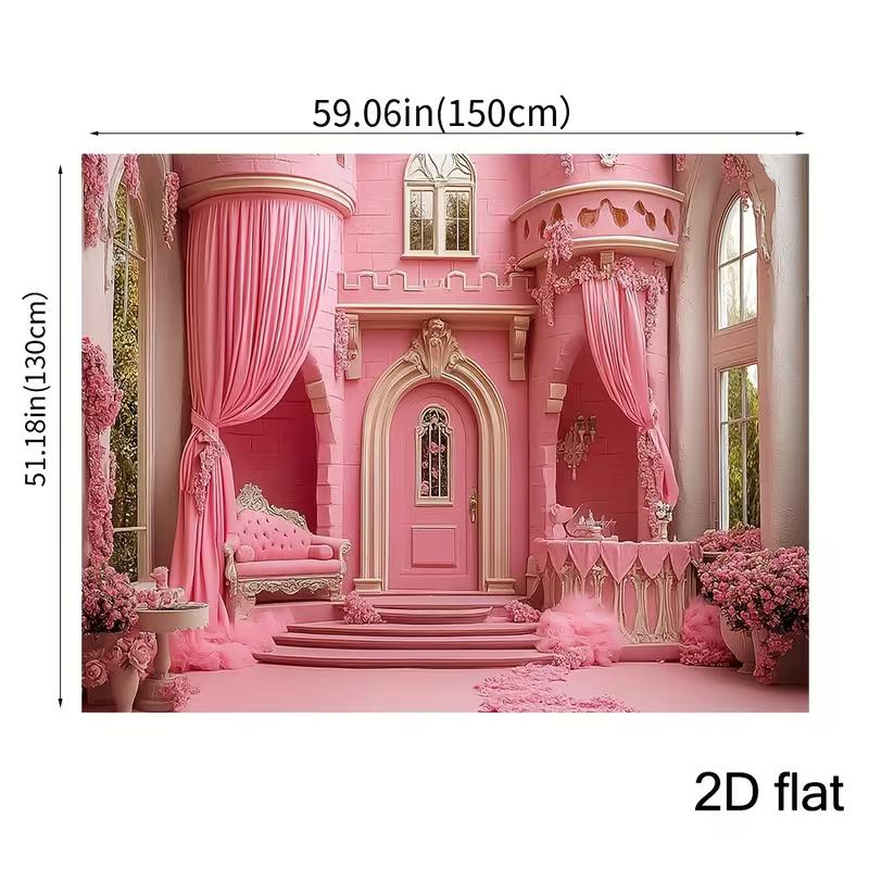 2D Fairy Tale Pink Castle Backdrop, Elegant Floral Princess Palace Background for Birthday & Studio