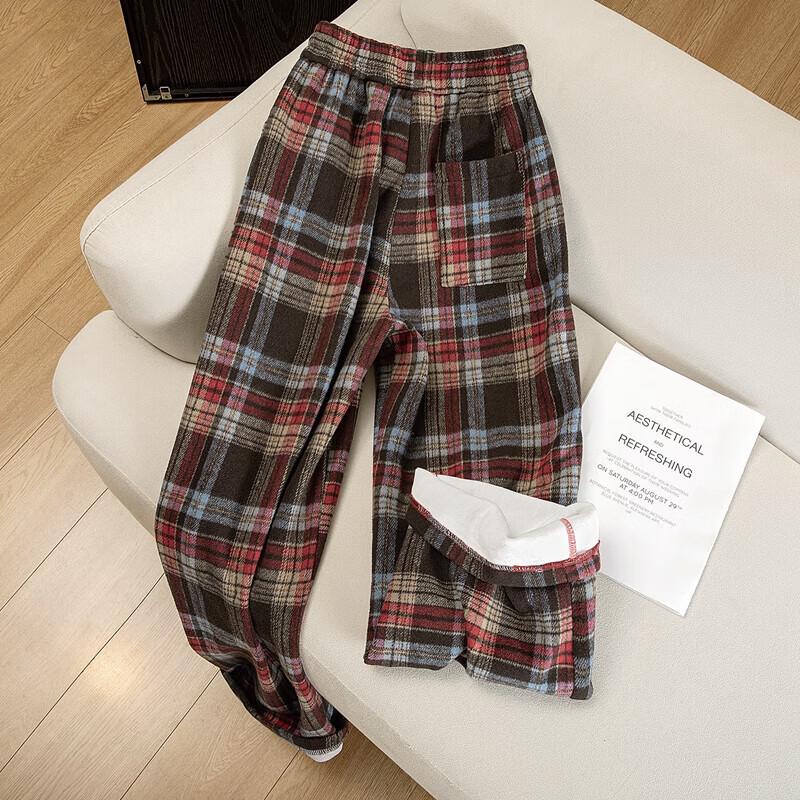Sispecher Women's Retro Color Block Plaid Fleece-Lined Wide-Leg Pants