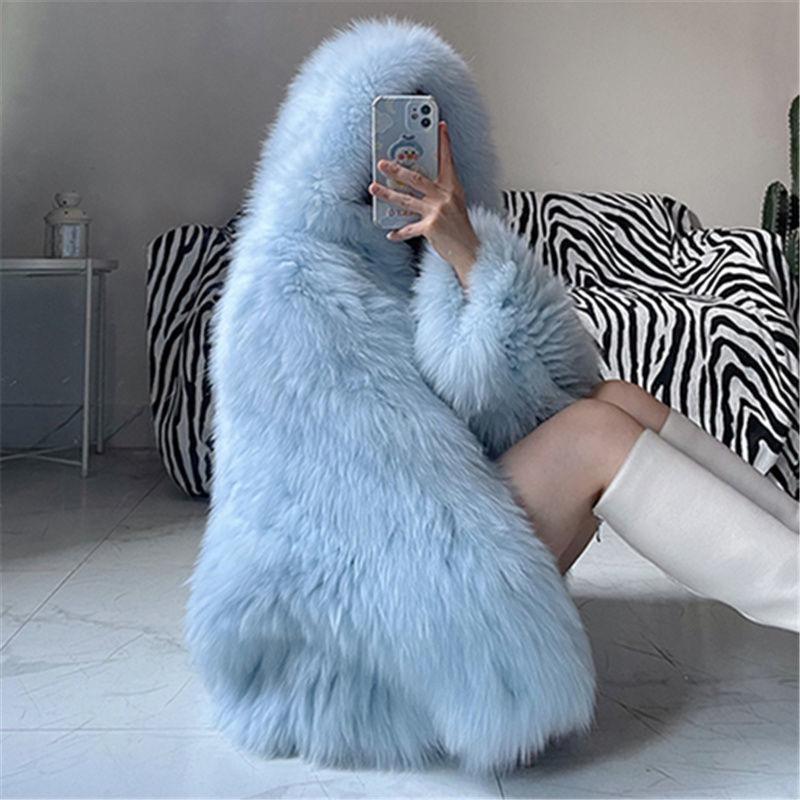 Autumn Winter Oversized  Warm Shaggy Hairy Faux Fur Coat Women with Hood Loose Casual Fluffy Jacket