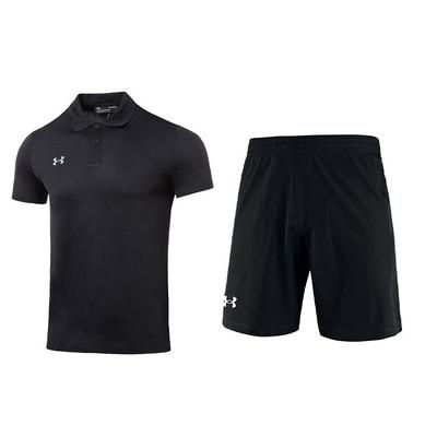 Solid Color Comfortable Pullover Short Sleeve Polo Shirt Elastic Waist Shorts Casual Sports Set Men Sets Black 23500507-001+22500214-001