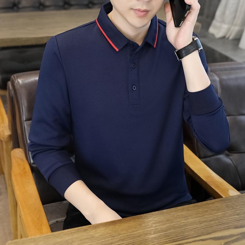 Middle-aged and Young Solid Color Top for Men's Long-sleeved T-shirt Business Lapel Polo Shirt