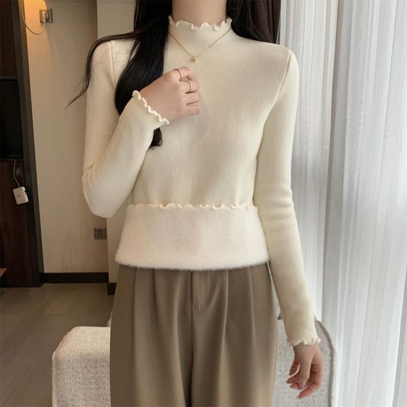 Autumn and winter warm semi-turtleneck knitted sweater women's fungus edge fleece sweater simple and versatile inner backing top