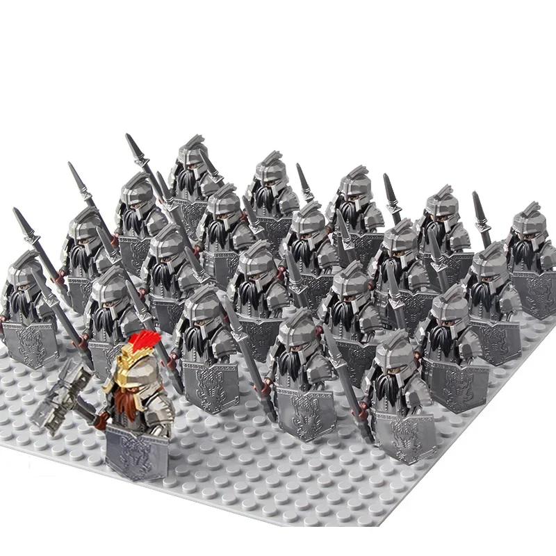 21Pcs/lot Dane Iron Feet Eomer Rohan Warriorr Vs Uruk Hai Army Figrues With Shield Sword Bow Spear Building Blocks Toys for Kids