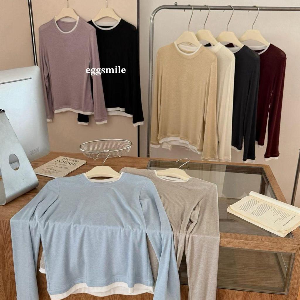 New Egg Women's Tencel Wool Two-Piece Long Sleeve Round Neck Slimming Color Block Top