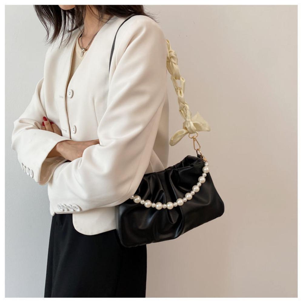 Fashion Pleated Shoulder Bag PU Leather with Pearl Cloud Underarm Bags Small Handbags Women Purse