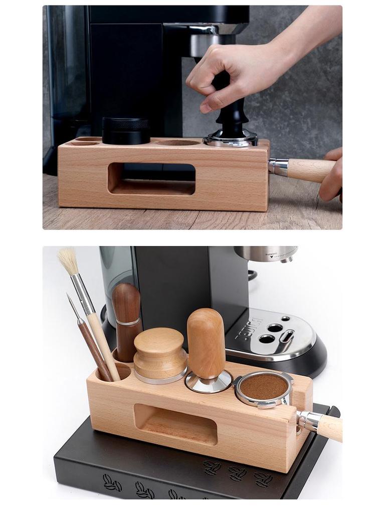 Kaffeestampferbasis und Spendersitz aus Holz zur Aufbewahrung des Maschinengriffs
