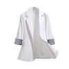 Women Autumn 3/4 Sleeve Lapel Button Slim Blazer Coat Striped Cuff Office Jacket