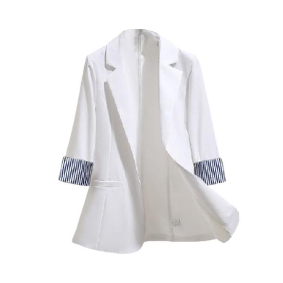 Women Autumn 3/4 Sleeve Lapel Button Slim Blazer Coat Striped Cuff Office Jacket