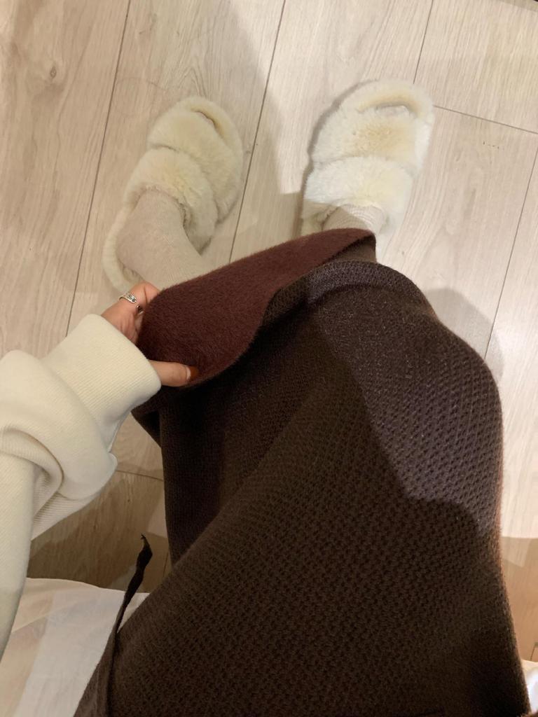 Women's High-Waist Fleece Knit Midi Skirt, Autumn/Winter 2025 Style: Thick, Loose, Drawstring, Straight Fit