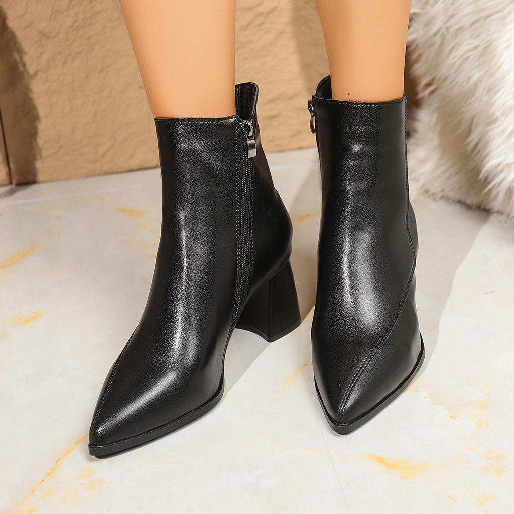Fashion Spring and Autumn New British Style Thin and Thin Women's Boots Pointed Toe Thin Side Zipper Black Nude Boots Women