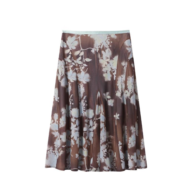 

Green Belt Floral Print Midi Skirt L
