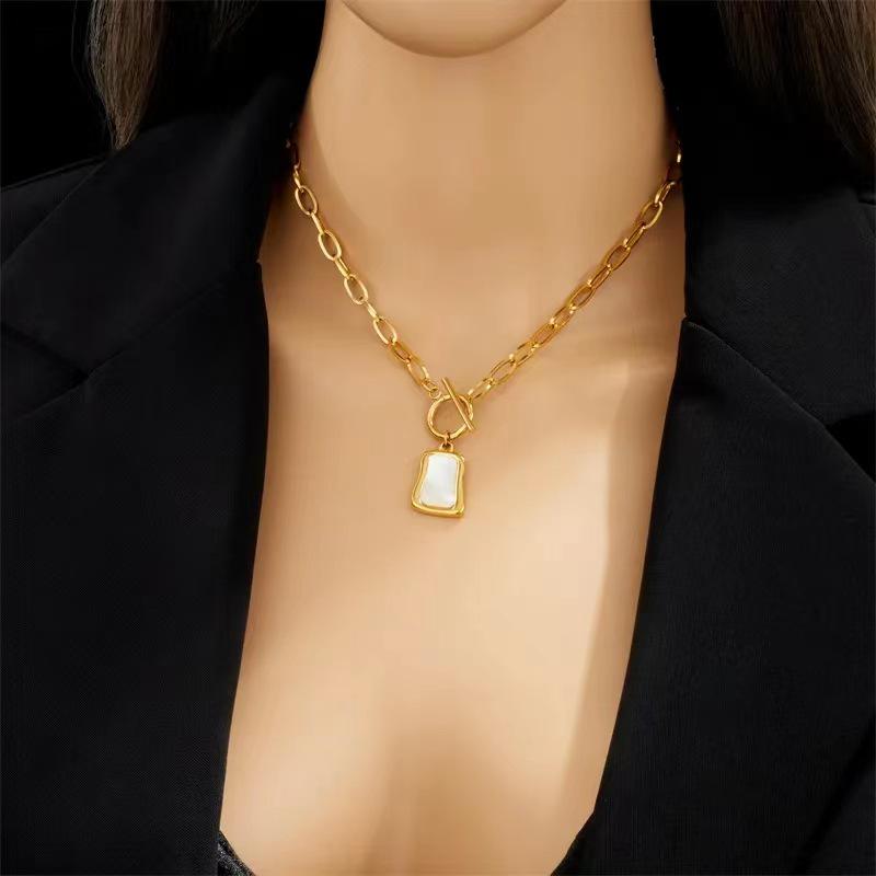 18K Gold Titanium White Shell Square Pendant Necklace for Women - Light Luxury Clavicle Chain
