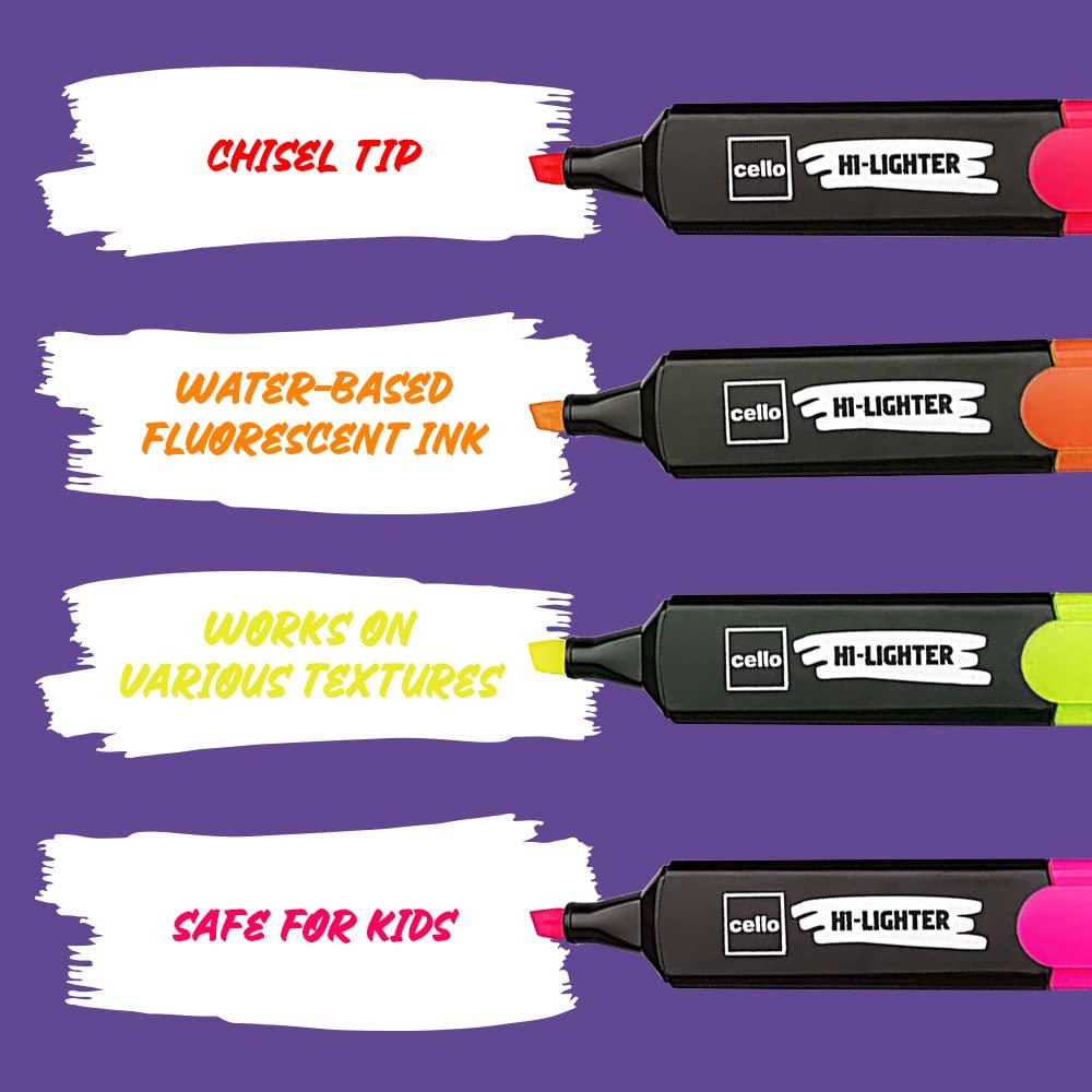 CELLO Highlighter Pack Of 1 X 5 Multicolor Chisel Tip Fluorescent Ink Markers For Office School Study Notes And Documents