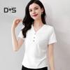 Damen T-Shirt mit V-Ausschnitt und Knöpfen, kurzärmelig, schmale Passform, weich, elastisch, Pullover, Oberteile für den Pendlerstil