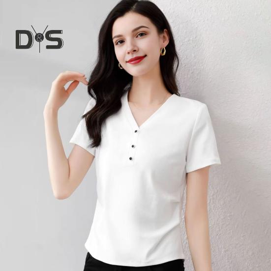 Damen T-Shirt mit V-Ausschnitt und Knöpfen, kurzärmelig, schmale Passform, weich, elastisch, Pullover, Oberteile für den Pendlerstil