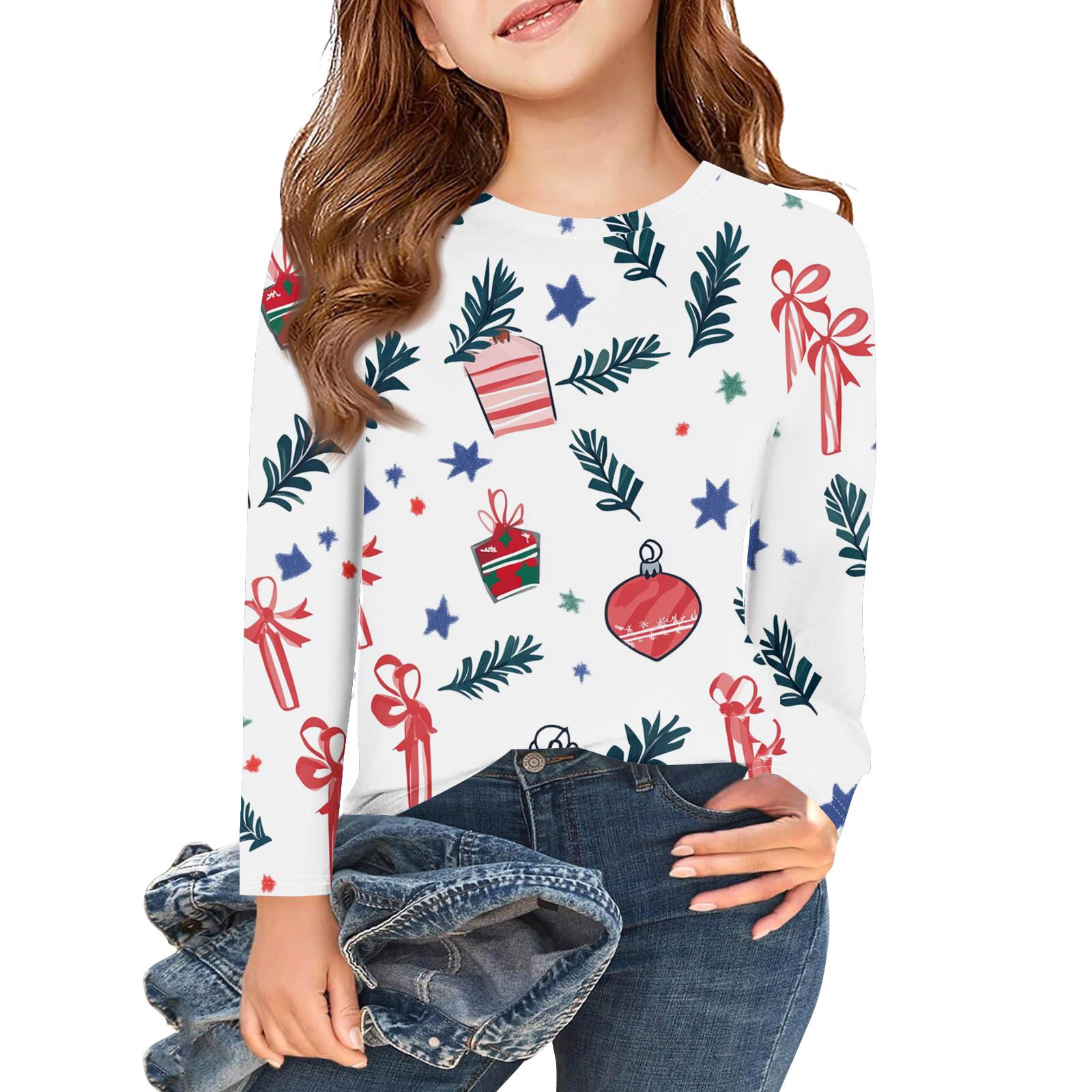 

Рождественские футболки с длинным рукавом для девочек, детские осенние топы с круглым вырезом и принтом, базовые футболки 120