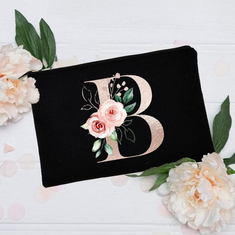 Borsa per il trucco floreale con alfabeto, damigella d'onore, damigella d'onore, festa, matrimonio, addio al nubilato, regalo, in tela, con cerniera, per cosmetici