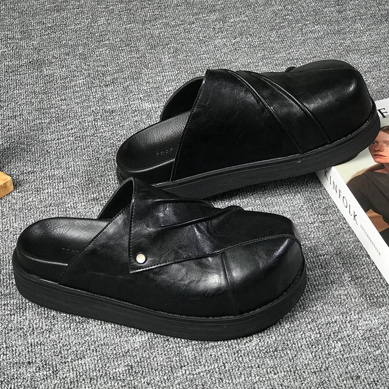 2026 New Men's Casual Slippers Autumn Winter Retro Comfortable Lazy  Black Leather Shoes for Indoor Platform Sandals Daily Use
