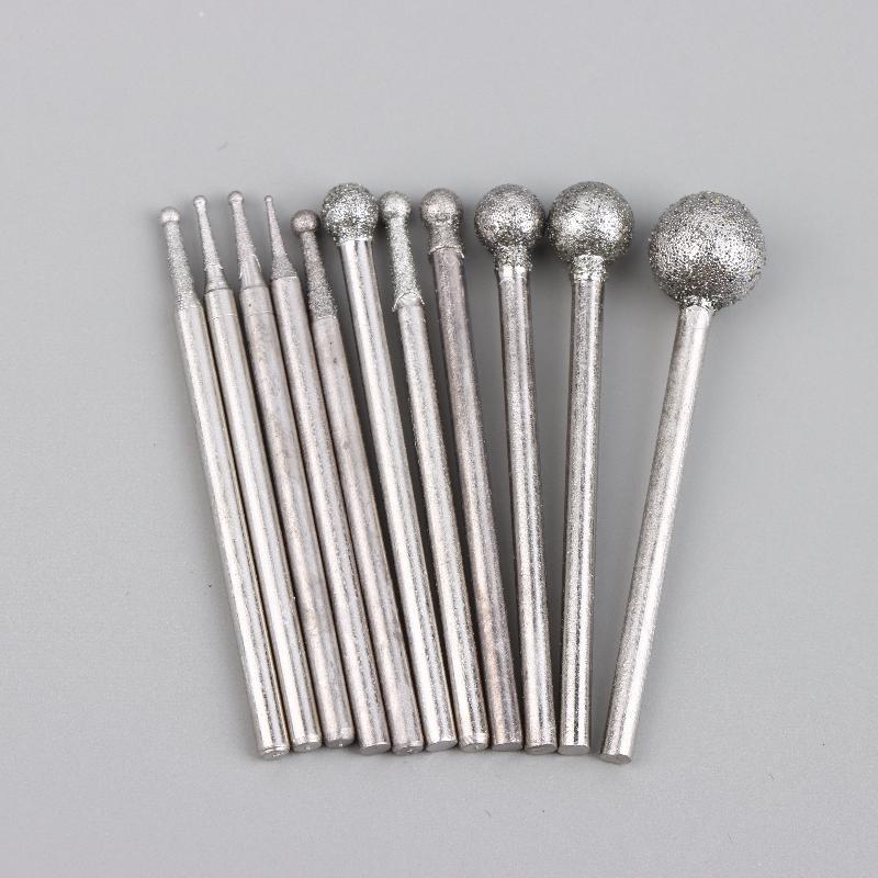 1/2Set Silver Diamond Grind Needle Head Cutter Jade Carve Tool Engrave Rotary Spherical Burr Tool 2.35mm Shank Round Ball