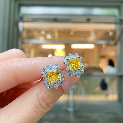 European and American Yellow Diamond Square Jewelry Jewelry Set Yellow Stud Earrings Women's Full Diamond Zircon Ring