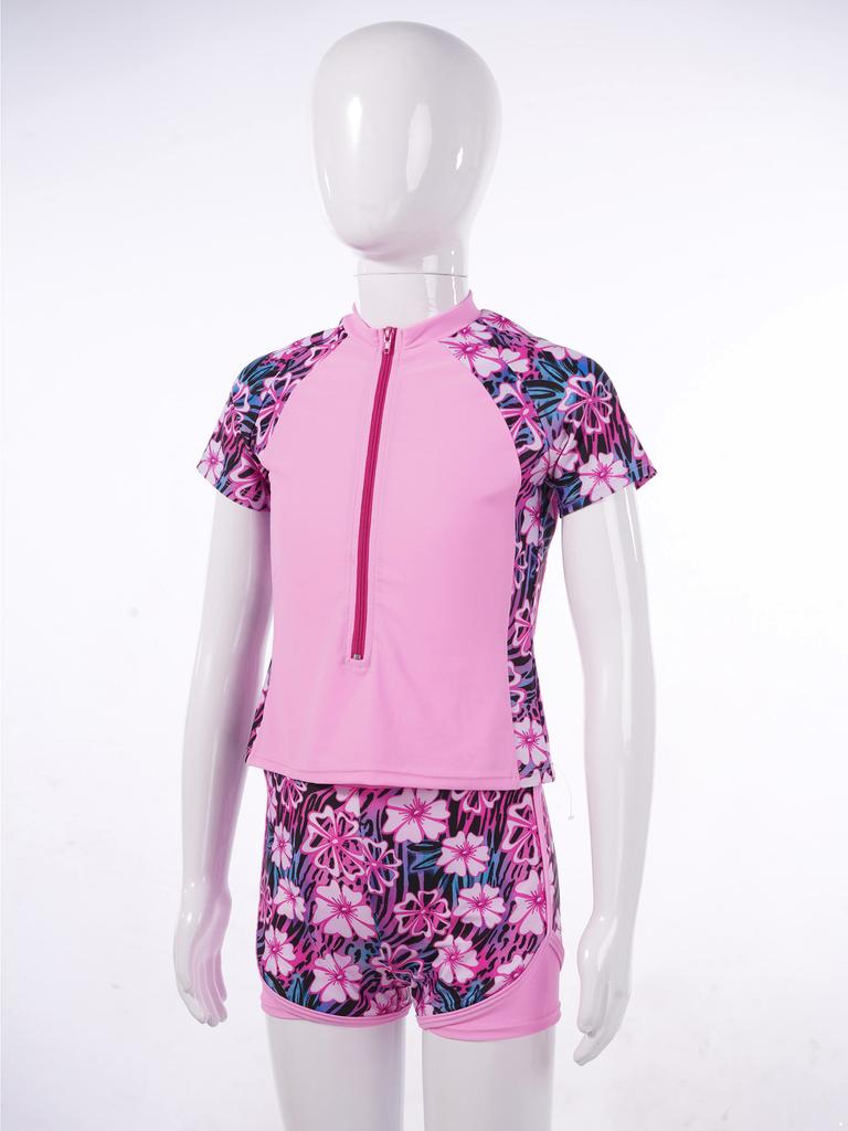 Front Zipper Closure Short Sleeves Stand Collar Tops + Elastic Waistband Shorts Floral Print Quickly Dry Swimwear 2Pcs Sets