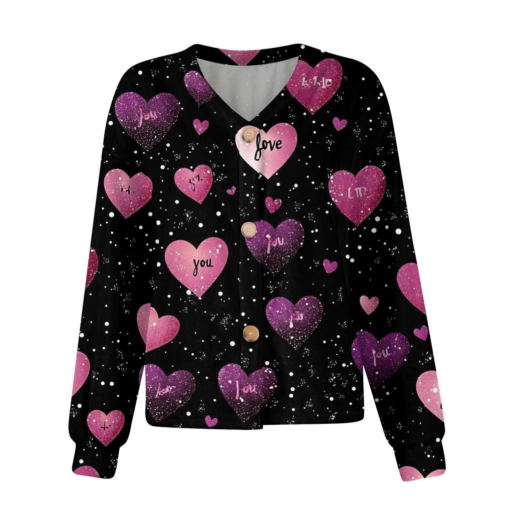 Women's Fashion Short Jacket Casual Long Sleeve Valentine's Day Printed Single Breasted Plush Top