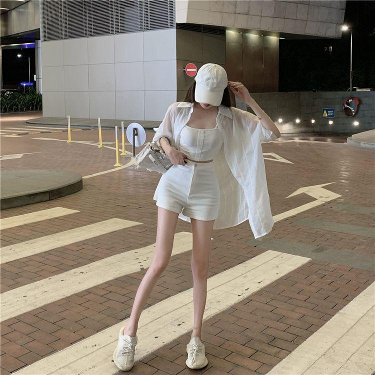 Women's Three-Piece Set: Loose Sleeveless Top, See-Through Sun Protection White Shirt, and Long Sleeve Thin Shorts