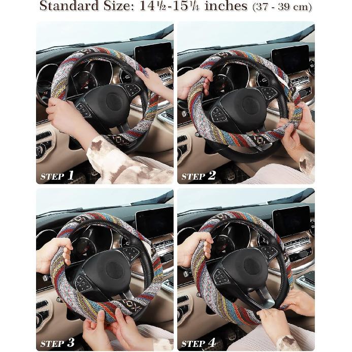 SEG Direct Boho Steering Wheel Cover With Baja Blanket Cloth, Ethnic Style Auto Wheel Cover Made Of Coarse Flax, Fits 14 1/2-15 1/4 Inches Car Wheel