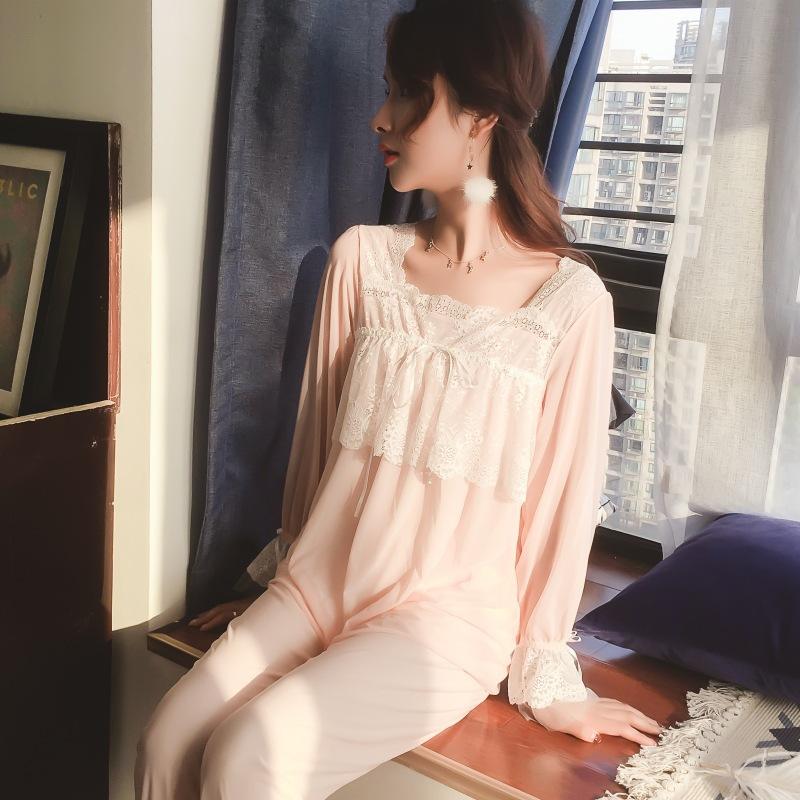 

Французский винтажный кружевной женский пижамный костюм из двух предметов, женский, с длинным рукавом, рюшами, брюки, пижама принцессы, свободный крой, повседневный домашний костюм M